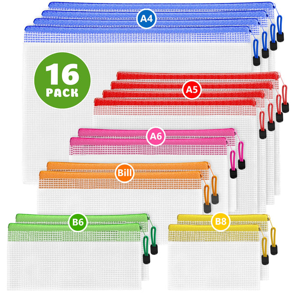 16 Pack Assorted Sizes Plastic Mesh Zipper Pouches for Storage & Organize